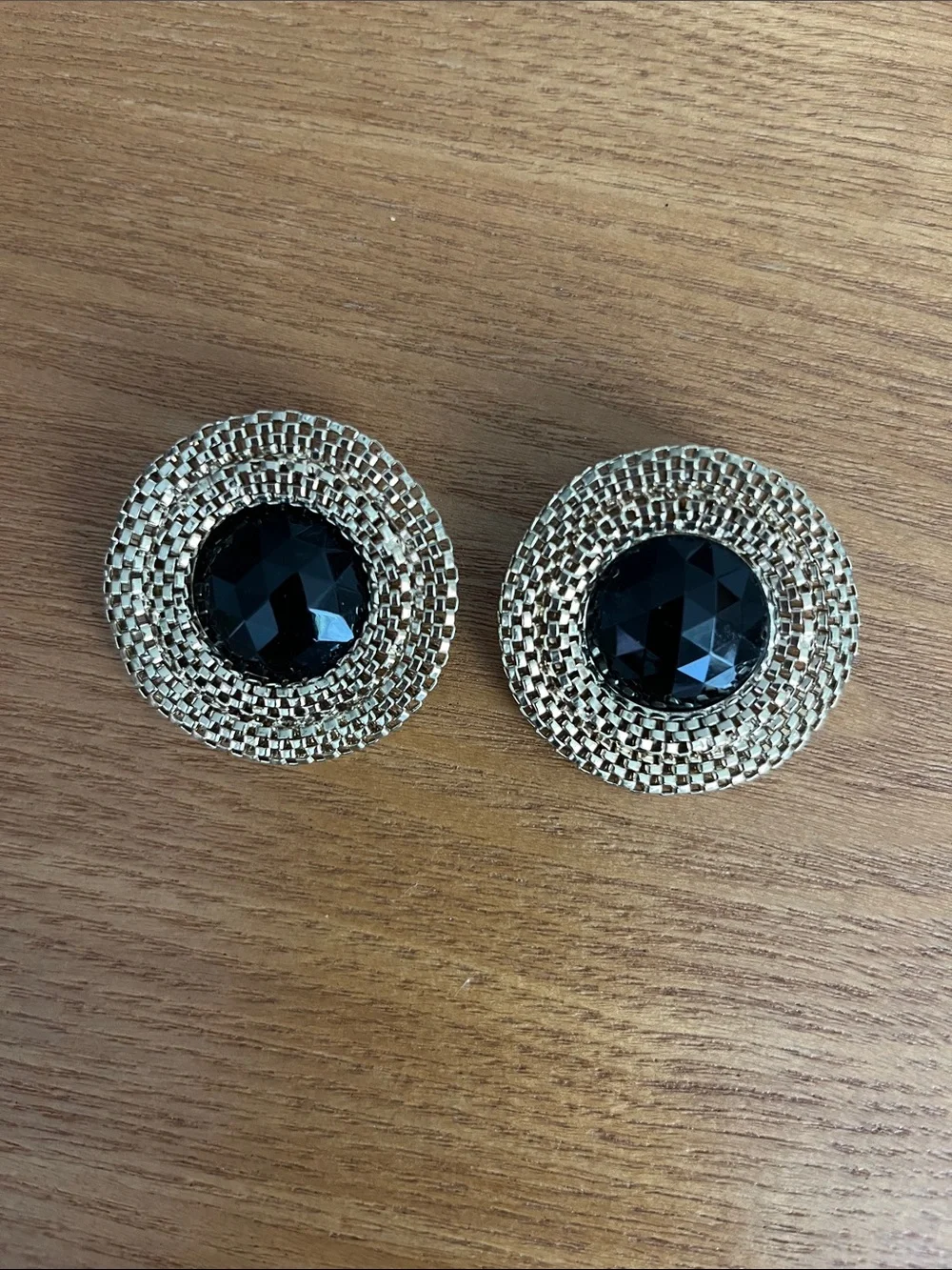 Gold Round Stud Earrings with Black Gemstone Inlay